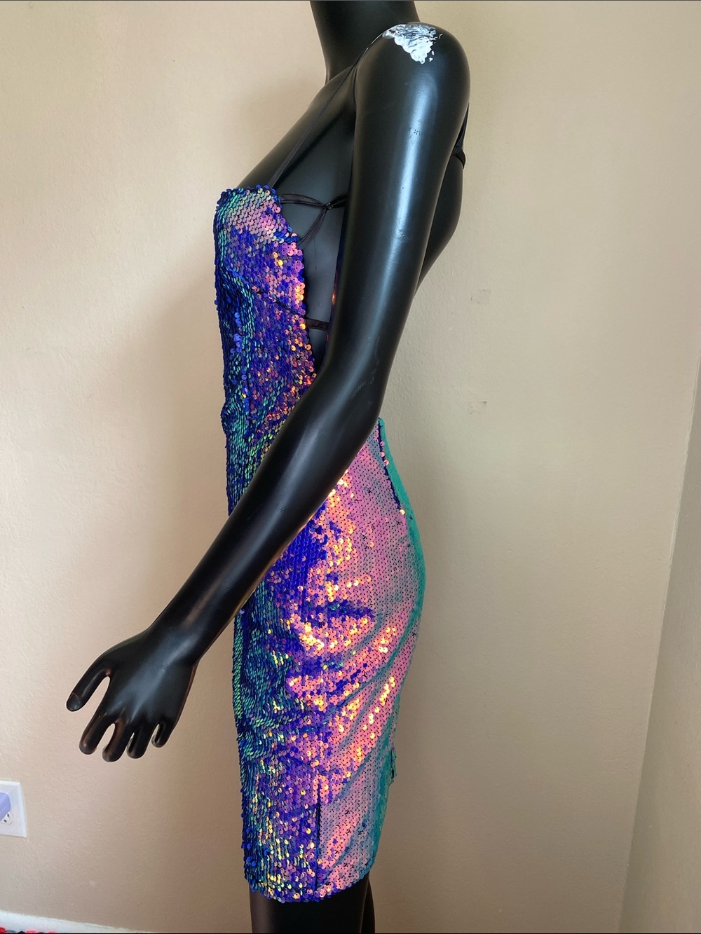 Iridescent Multi-Sequin Cowl Midi Dress - Black Straps - Picture 5 of 12